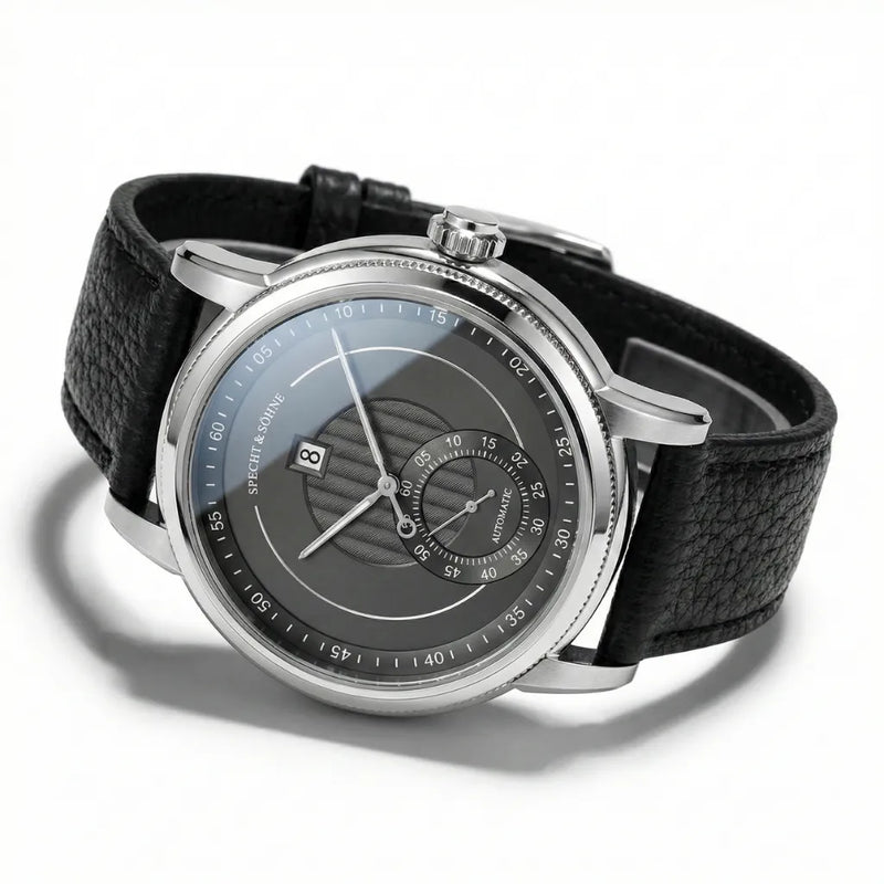 Relógio automático masculino Jump Hour Veridian Black com mostrador preto e complicação de hora saltante - visão frontal do mecanismo